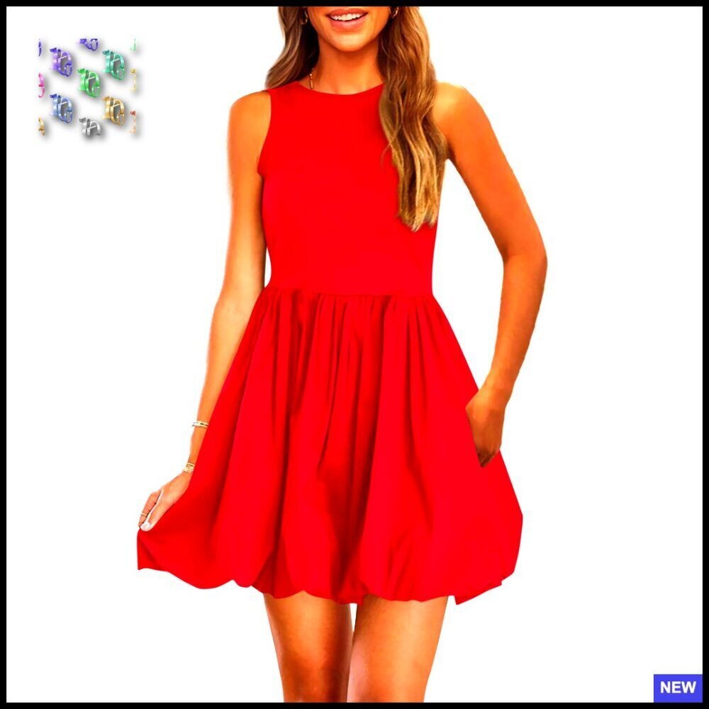 Sleeveless Tank Mini Dress Bubble Hem Casual Sundress with Pockets